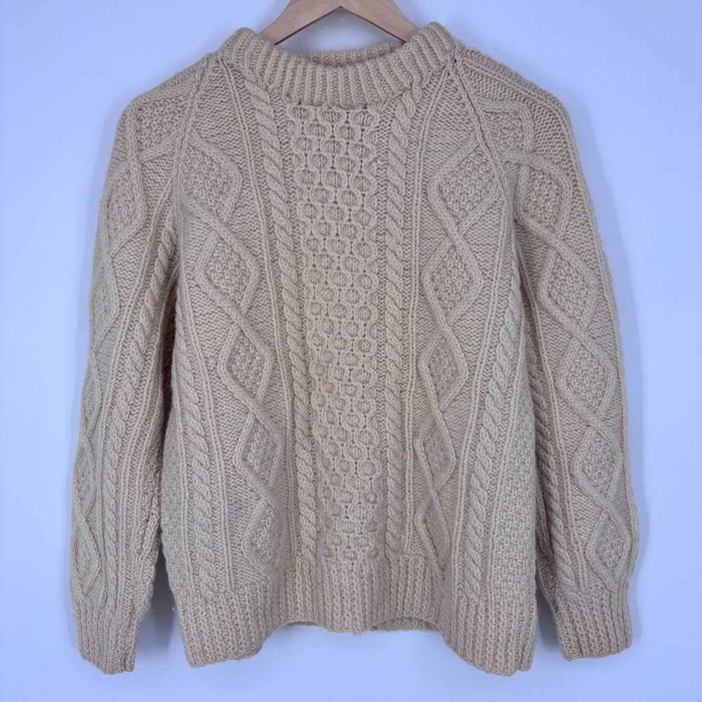 Vintage Hand Knit Aran Fisherman Cable Wool Sweater Womens Medium Cream Ivory